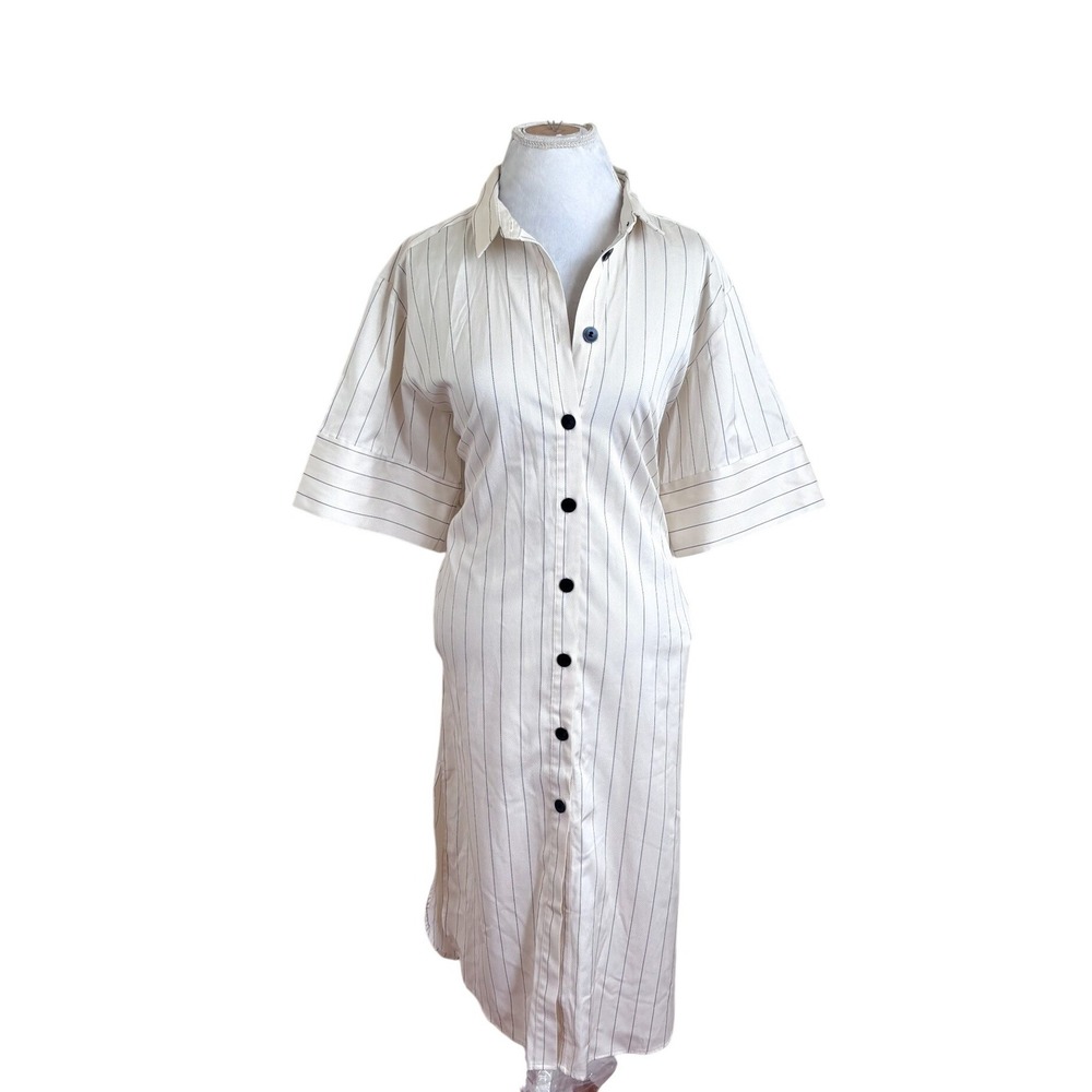 MNG Mango Striped Midi Shirt Dress 8 Cream Pinstripe Pockets Linen Blend Relaxed